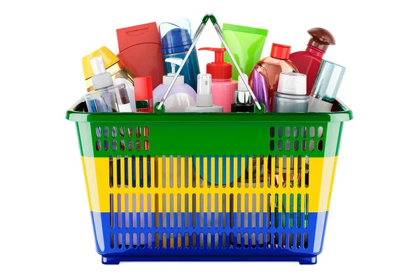 Shopping basket with Gabonese flag full of cosmetic bottles, hair, facial skin and body care products. 3D rendering isolated on white background