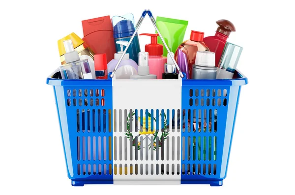 Shopping basket with Guatemalan flag full of cosmetic bottles, hair, facial skin and body care products. 3D rendering isolated on white background