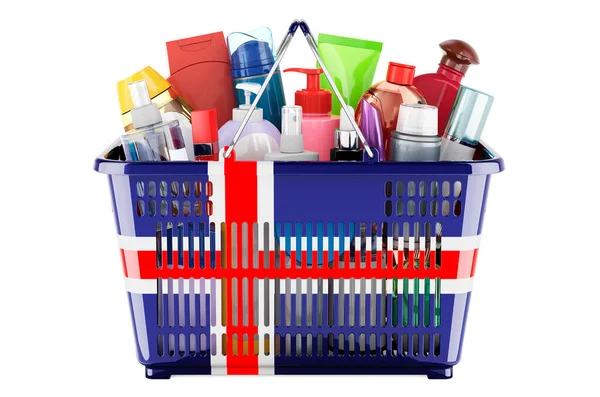 Shopping basket with Icelandic flag full of cosmetic bottles, hair, facial skin and body care products. 3D rendering isolated on white background