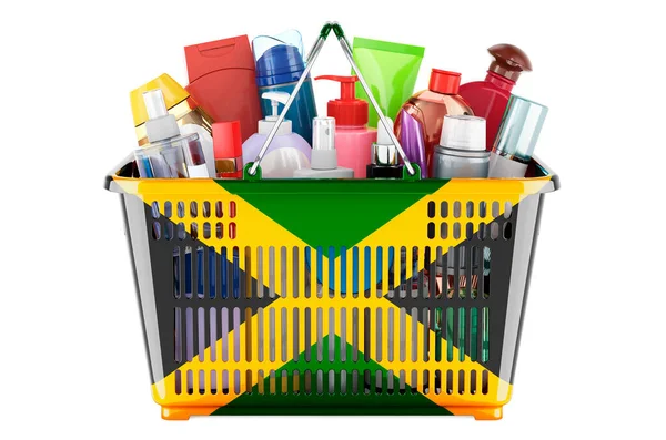 Shopping Basket Jamaican Flag Full Cosmetic Bottles Hair Facial Skin — 스톡 사진