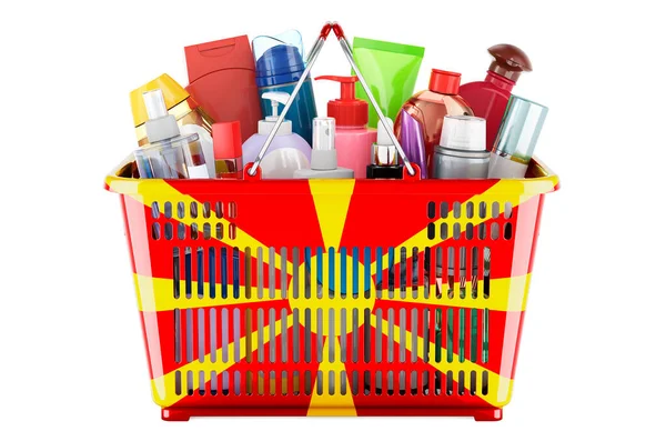 Shopping Basket Macedonian Flag Full Cosmetic Bottles Hair Facial Skin — Fotografia de Stock