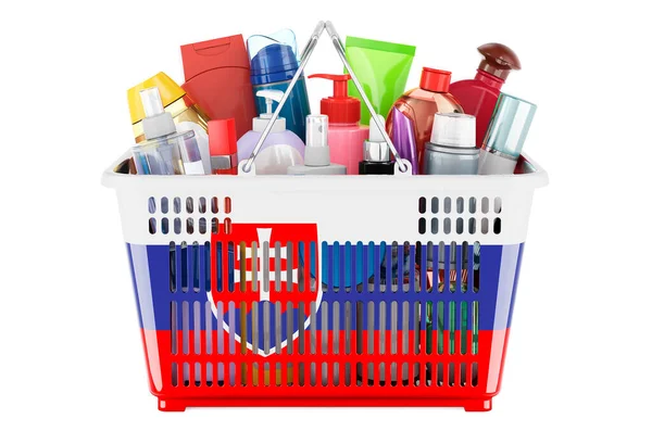 Shopping basket with Slovak flag full of cosmetic bottles, hair, facial skin and body care products. 3D rendering isolated on white background