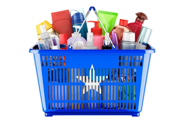 Shopping basket with Somali flag full of cosmetic bottles, hair, facial skin and body care products. 3D rendering isolated on white background