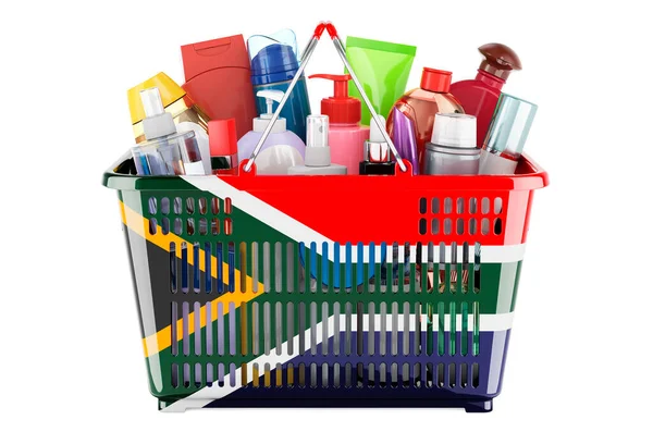 Shopping Basket South African Flag Full Cosmetic Bottles Hair Facial — 스톡 사진