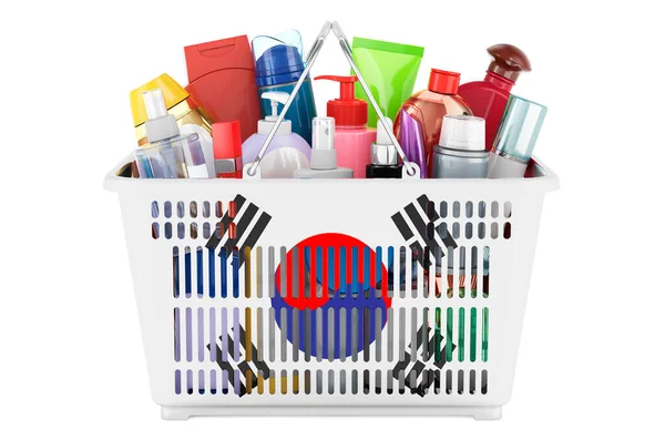 Shopping Basket South Korean Flag Full Cosmetic Bottles Hair Facial — 스톡 사진