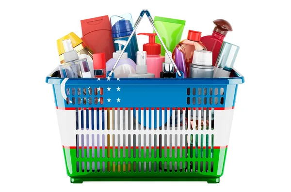 Shopping basket with Uzbek flag full of cosmetic bottles, hair, facial skin and body care products. 3D rendering isolated on white background