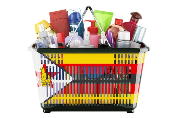 Shopping Basket Zimbabwean Flag Full Cosmetic Bottles Hair Facial Skin — Stock Photo, Image