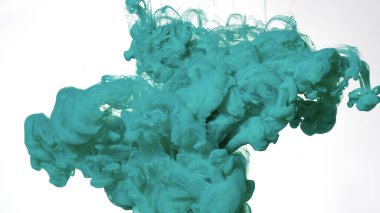 Güzel soyut bir arka plan. Nane yeşili boyalar suya karıştırılır. Beyaz arka planda renkli mürekkep bulutu. Nane yeşili suluboya mürekkep beyaz zemin üzerinde.