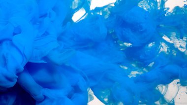 Mavi boyalar suya karıştırılır. Beyaz arka planda renkli mürekkep bulutu. Beyaz arka planda suda mavi suluboya mürekkep. Güzel soyut arkaplan.