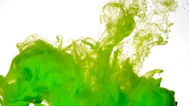 Yeşil boyalar suya karıştırılır. Beyaz zemin üzerinde yeşil suluboya mürekkep. Beyaz arka planda renkli mürekkep bulutu. Güzel soyut arkaplan.