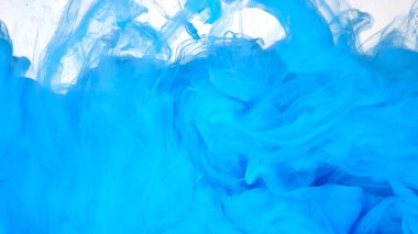 Mavi boyalar suya karıştırılır. Beyaz arka planda renkli mürekkep bulutu. Beyaz arka planda suda mavi suluboya mürekkep. Soyut arkaplan.