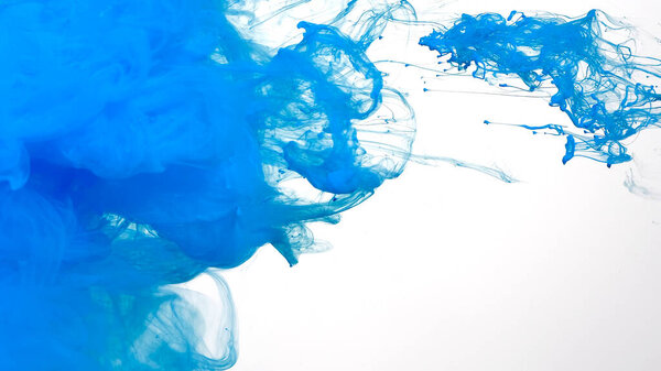 Blue cloud of ink on a white background. Abstract background. Drops of blue ink in water. Colored acrylic paints in water. Blue watercolor ink in water on a white background.