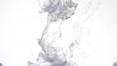 Suyun içindeki renkli akrilik boyaların yavaş hareketi. Ekran koruyucu, rahatlatıcı meditasyon arka planı. Siyah ve gri suluboya mürekkep beyaz arka planda suya karışıyor. Güzel soyut arkaplan.