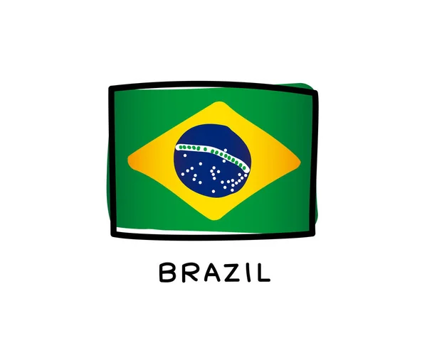 Drapeau Brésilien Coups Pinceau Vert Jaune Bleu Dessinés Main Contour — Image vectorielle