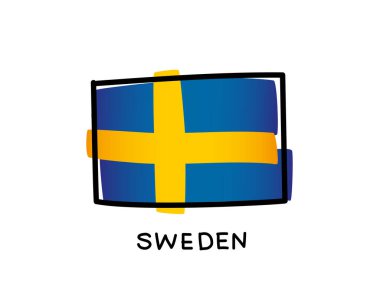 İsveç bayrağı. El çizimi mavi ve sarı fırça darbeleri. Siyah özet. Vektör illüstrasyonu beyaz arkaplanda izole edildi.