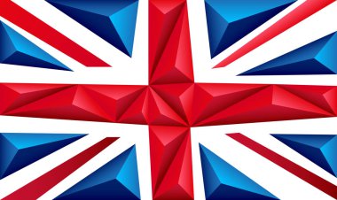 İngiliz bayrağının mavi, kırmızı ve beyaz çizgileriyle soyut çokgen arka plan. Çokgen Büyük Britanya bayrağı. Vektör illüstrasyonu.