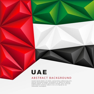 BAE çokgen bayrağı. Vektör çizimi. Renkli siyah, kırmızı, yeşil ve beyaz piramitler ve çokgenler şeklinde soyut arkaplan.