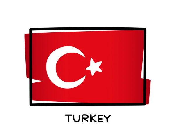 トルコ国旗 トルコ国旗カラフルなロゴ 手描き赤と白のブラシストローク ブラック アウトライン 白を基調としたベクトルイラスト — ストックベクタ