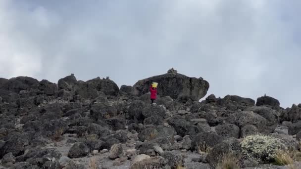 一个黑人搬运工在大石头和巨石中间 头上顶着一桶水 山地景观 12月攀登乞力马扎罗山 坦桑尼亚 — 图库视频影像