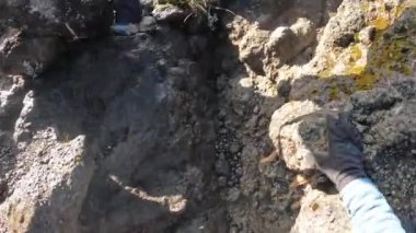 Dağlık kayalık yola tırmanıyorum. Birinci şahıs görüşü. Güneşli bir sabah. Dağ manzarası. Tırmanan Kilimanjaro, Tanzanya, Afrika.