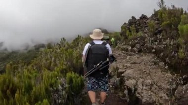 Kilimanjaro, Tanzanya - 28 Aralık 2021: Kilimanjaro Dağı 'na tırmanmak. Dağ manzarası. Bir grup turist ve hamal yeşil ağaçların ve çalıların arasından bir dağ yolunda yürüyorlar..