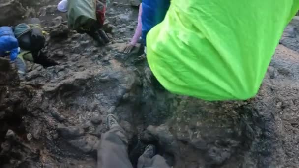 タンザニアのキリマンジャロ 2021年12月30日 黒いガイドは 彼の白い友人が小さな崖を下るのを助けます クライミングキリマンジャロ — ストック動画