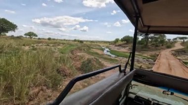 Safari cipi küçük bir nehre doğru gidiyor. Afrika 'nın şaşırtıcı doğası. Tarangire Ulusal Parkı, Tanzanya.