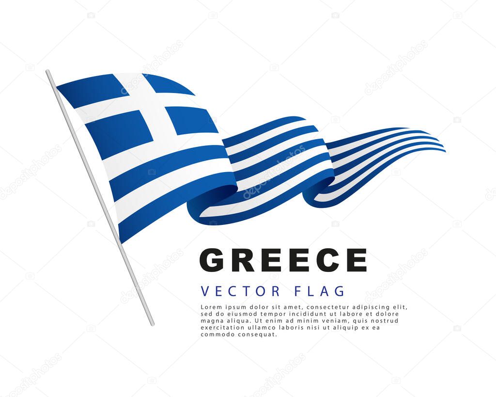The flag of Greece hangs on a flagpole and flutters in the wind. Vector illustration isolated on white background. Colorful Greek flag logo.
