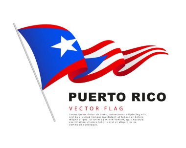 Porto Riko bayrağı bir bayrak direğine asılı ve rüzgarda dalgalanıyor. Beyaz arkaplanda vektör çizimi izole edildi. Renkli Porto Riko bayrağı logosu.