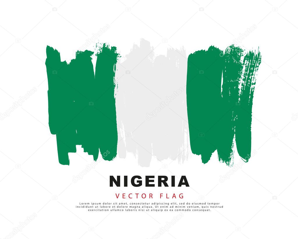 Flag of Nigeria. Green and white brush strokes, hand drawn. Vector illustration isolated on white background. Colorful Nigerian flag logo.