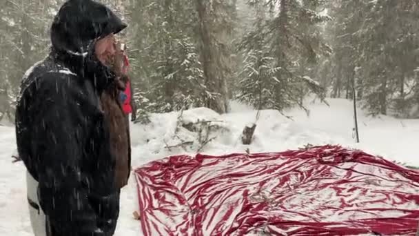 Group Hikers Put Tent Tourists Stand Red Tent Laid Out — Vídeo de stock