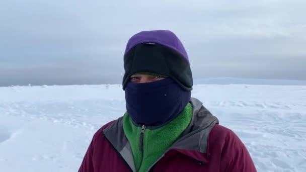 Warmly Dressed Man Mask Covers His Entire Face His Eyes — Wideo stockowe