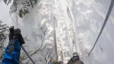 The skier is skiing on the track. First-person view. Ski trip through a beautiful winter forest. View of skis, legs, arms and ski poles.