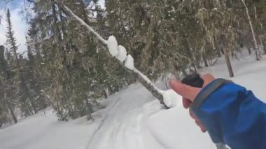 A man is skiing on a snow-covered track. First-person view. Ski trip through a beautiful winter forest.