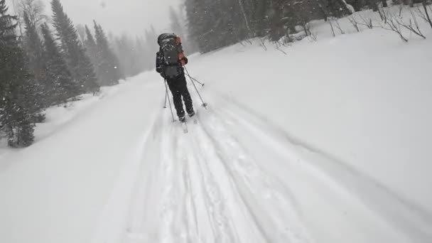 Group Tourists Large Backpacks Skis Heavy Snowfall First Person View — Vídeos de Stock
