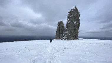 Weathering pillars, Komi Republic, Russia. Geological monument in the Troitsko-Pechora region. Giants of the Manpupuner Plateau. One of the seven wonders of Russia.