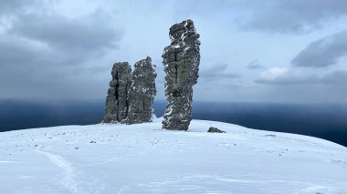Geological monument in the Troitsko-Pechora region. Plateau Manpupuner. Weathering pillars, Komi Republic, Russia. One of the seven wonders of Russia.