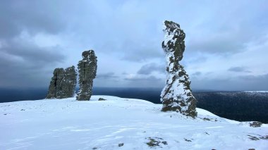 One of the seven wonders of Russia. Plateau Manpupuner. Weathering pillars, Komi Republic, Russia. Geological monument in the Troitsko-Pechora region.