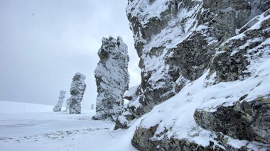 Weathering pillars in the Komi Republic, Russia. Plateau Manpupuner. Geological monument in the Troitsko-Pechora region. One of the seven wonders of Russia.