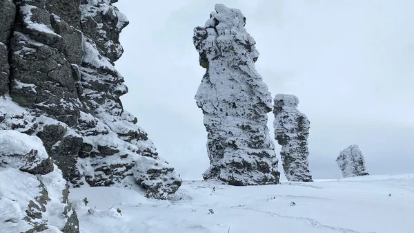 One of the seven wonders of Russia. Plateau Manpupuner. Weathering pillars in the Komi Republic, Russia. Geological monument in the Troitsko-Pechora region.