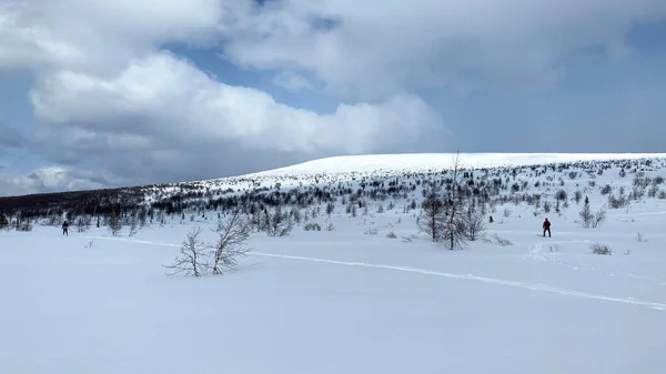 Amazing winter landscape. Skiers on a walk. Panorama of harsh northern nature. Blue skies and white slopes.