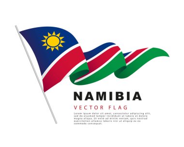 The flag of Namibia hangs on a flagpole and flutters in the wind. Vector illustration isolated on white background. Colorful logo of the Namibian flag.
