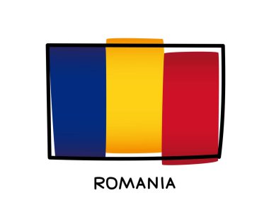 Flag of Romania. Colorful logo of the Romanian flag. Blue, yellow and red hand-drawn brush strokes. Black outline. Vector illustration isolated on white background.