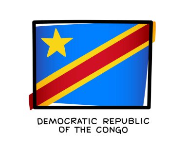 Flag of the Democratic Republic of the Congo. Colorful logo. Blue, red and yellow brush strokes, hand drawn. Black outline. Vector illustration isolated on white background.