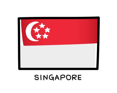 Flag of Singapore. Colorful Singaporean flag logo. Red and white brush strokes, hand drawn. Black outline. Vector illustration isolated on white background.