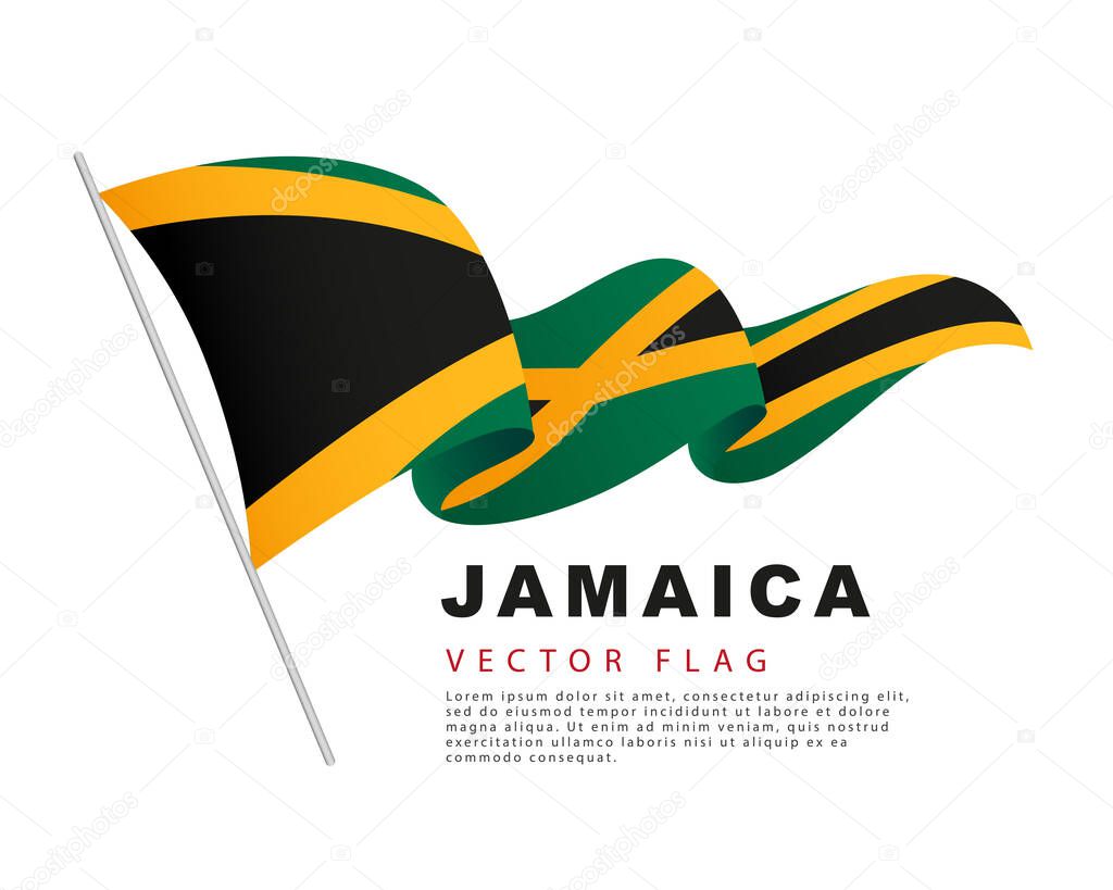 The flag of Jamaica hangs on a flagpole and flutters in the wind. Vector illustration isolated on white background. Colorful Jamaican flag logo.