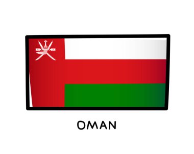 Flag of Oman. Colorful Omman flag logo. White, red and green brush strokes, hand drawn. Black outline. Vector illustration isolated on white background.