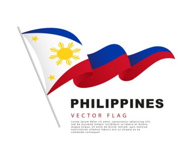 The flag of the Philippines hangs on a flagpole and flutters in the wind. Vector illustration on a white background. Colorful logo of the Philippine flag.