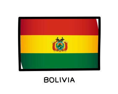 Bolivya bayrağı. Bolivya bayrağının renkli logosu. Kırmızı, sarı ve yeşil fırça darbeleri, el çizimi. Siyah özet. Vektör illüstrasyonu beyaz arkaplanda izole edildi.