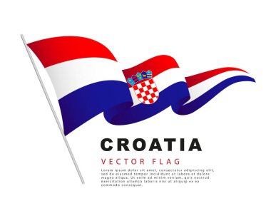Hırvatistan bayrağı bir bayrak direğine asılı ve rüzgarda dalgalanıyor. Beyaz arkaplanda vektör çizimi izole edildi. Renkli Hırvat bayrak logosu.